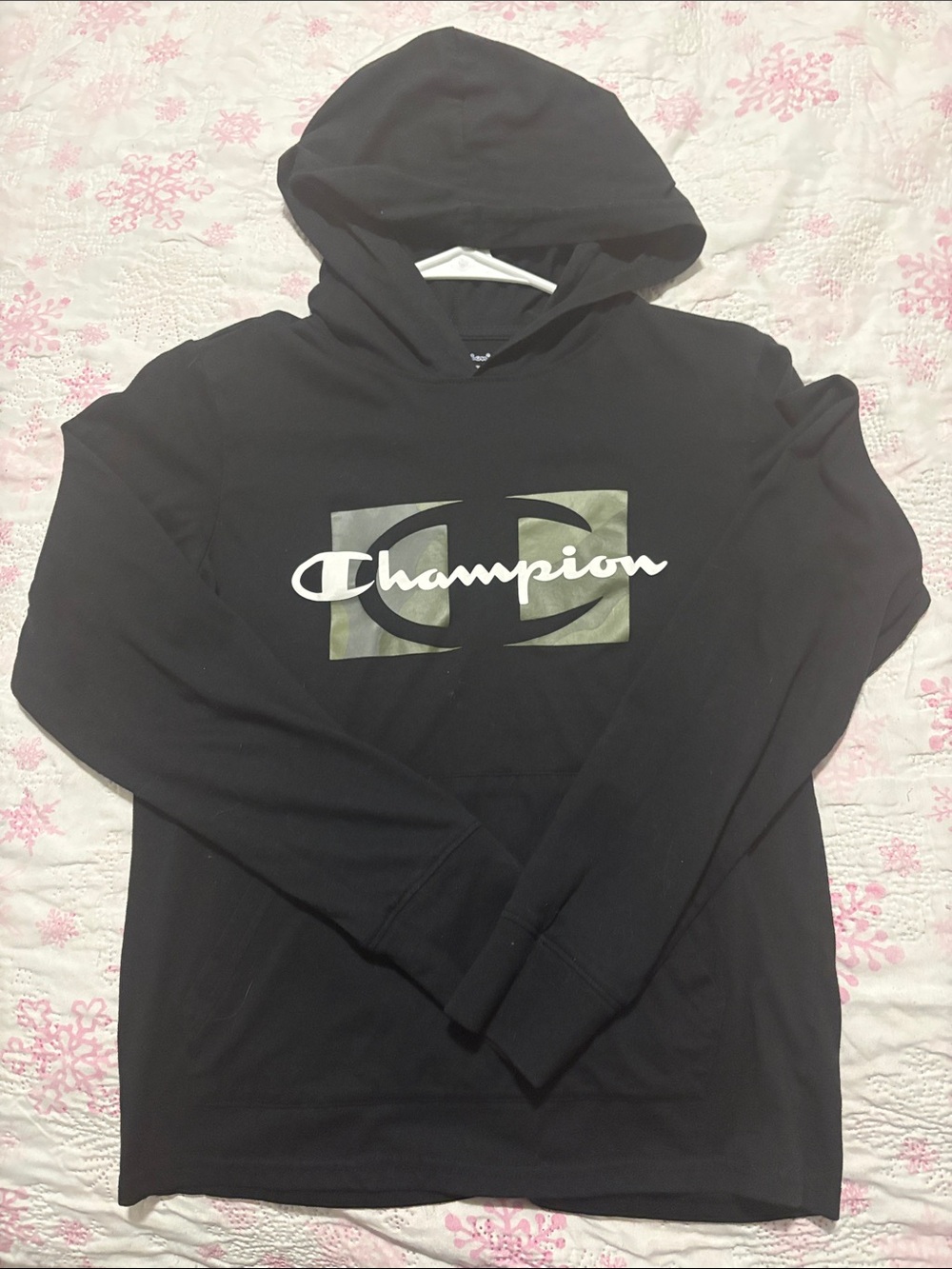 Champion Black Hoodie with Camo Logo Panel